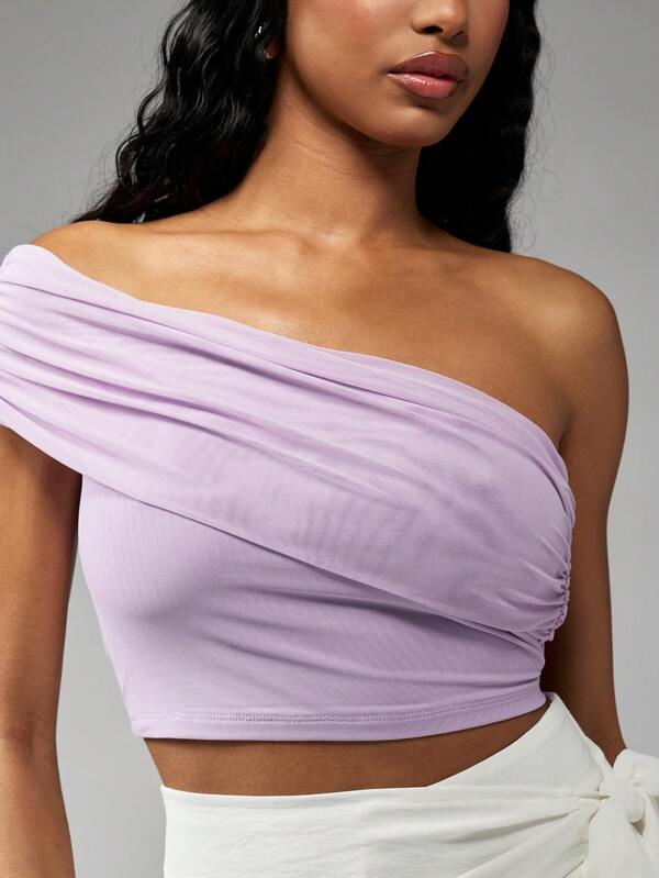 Missguided MISSGUIDED One Shoulder Ruched Crop Top Stretch Mesh Sleeveless Lightweight