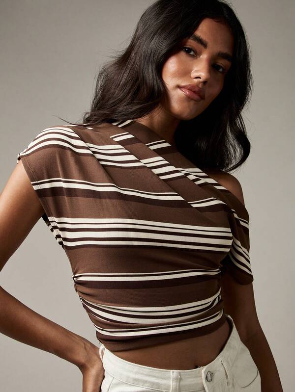 Missguided MISSGUIDED One Shoulder Ruched Crop Top With Stripes