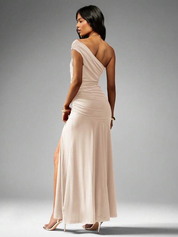 Missguided MISSGUIDED One Shoulder Ruched Floor Length Formal Maxi Dress With High Split