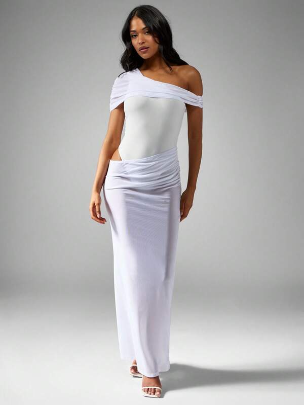 Missguided MISSGUIDED One Shoulder Ruched Maxi Dress With Mesh Panel Bodysuit Design