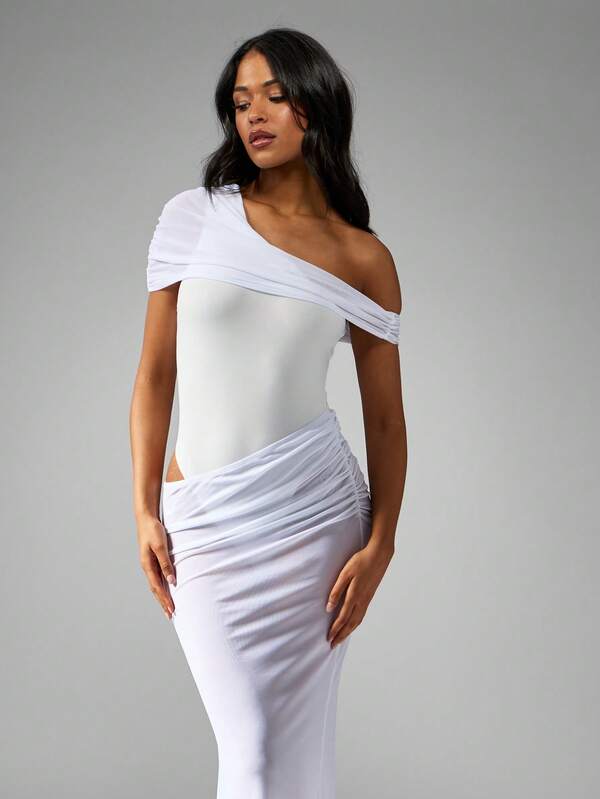Missguided MISSGUIDED One Shoulder Ruched Maxi Dress With Mesh Panel Bodysuit Design