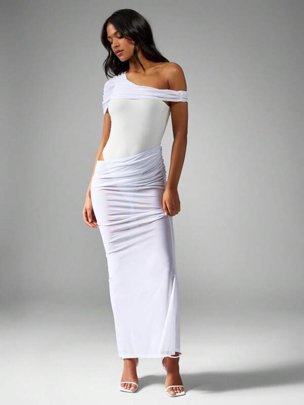 missguided MISSGUIDED One Shoulder Ruched Maxi Dress With Mesh Panel Bodysuit Design