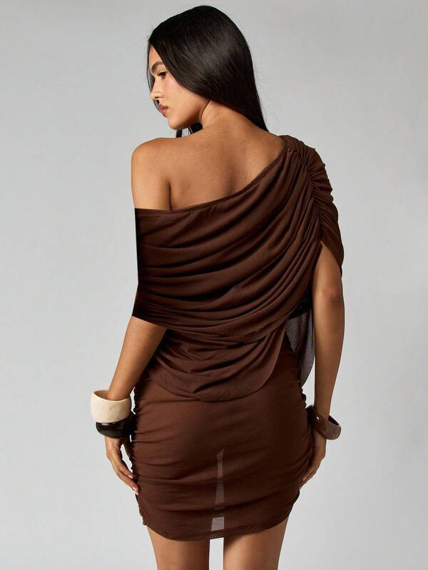 Missguided MISSGUIDED One Shoulder Ruched Mesh Mini Dress With Draping