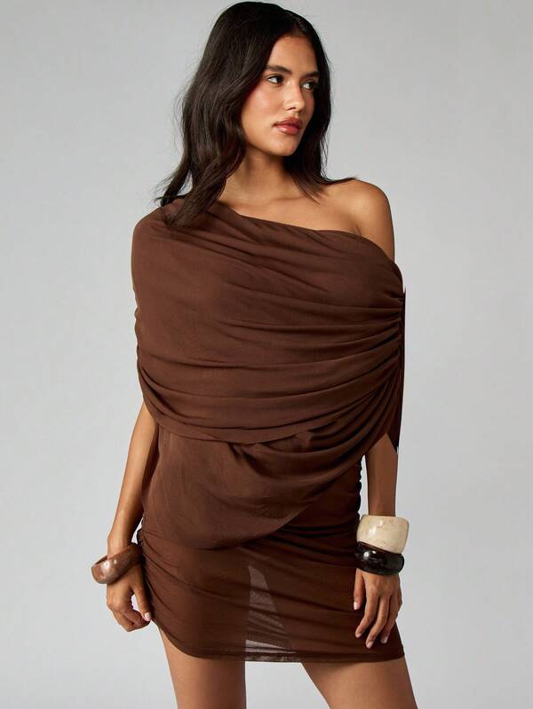 missguided MISSGUIDED One Shoulder Ruched Mesh Mini Dress With Draping