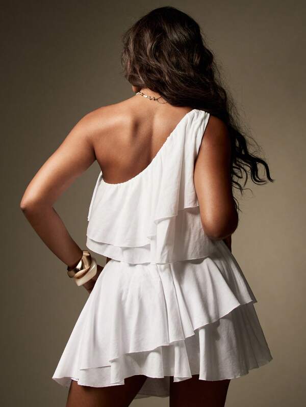 Missguided MISSGUIDED One Shoulder Ruffle Layered Linen Feel Cut Out Mini Dress