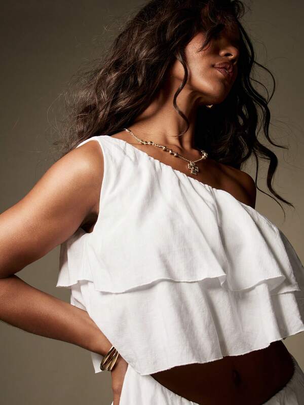 Missguided MISSGUIDED One Shoulder Ruffle Layered Linen Feel Cut Out Mini Dress