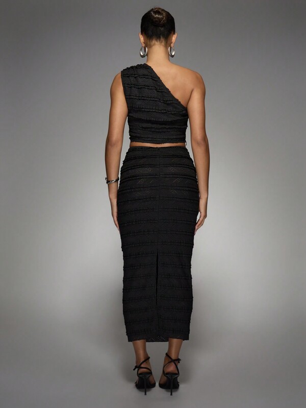 Missguided MISSGUIDED One Shoulder Ruffle Top With Textured Midi Skirt Set