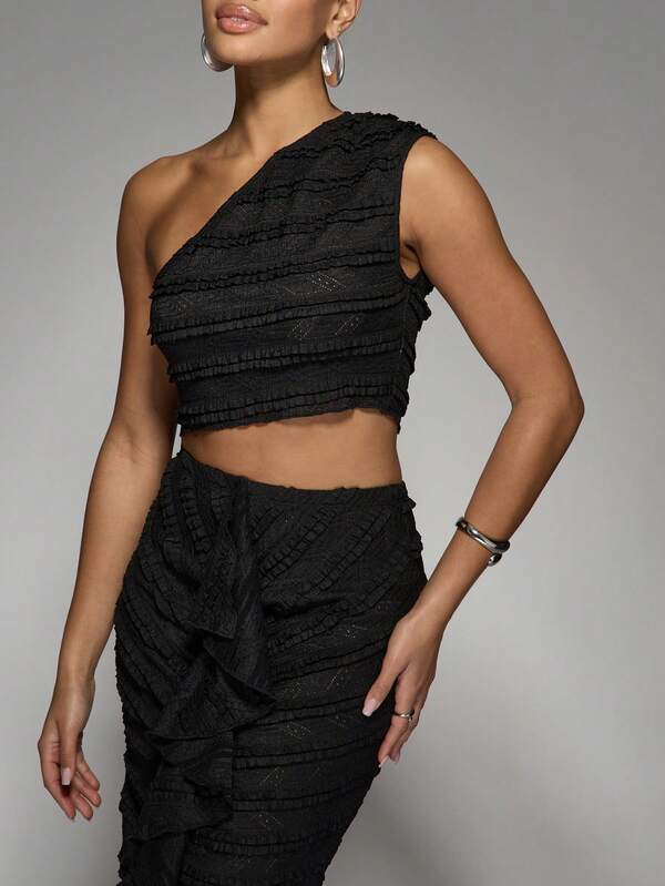 Missguided MISSGUIDED One Shoulder Ruffle Top With Textured Midi Skirt Set