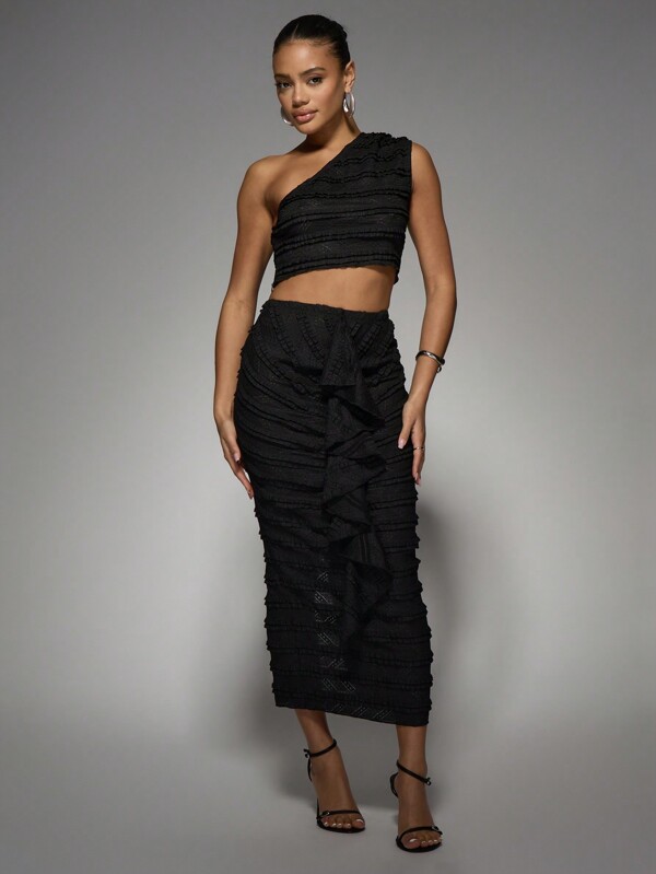 missguided MISSGUIDED One Shoulder Ruffle Top With Textured Midi Skirt Set