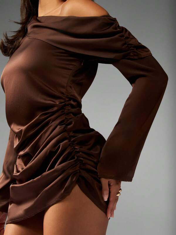 Missguided MISSGUIDED One Shoulder Satin Mini Dress With Ruched Detail