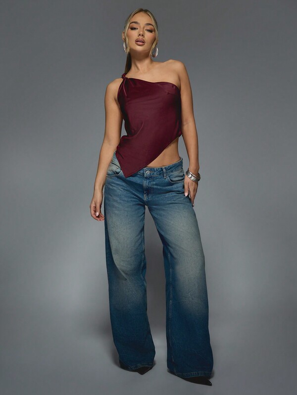 Missguided MISSGUIDED One Shoulder Satin Top With Twisted Knot Design