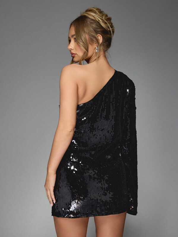 Missguided MISSGUIDED One Shoulder Sequin Mini Dress With Puff Sleeve