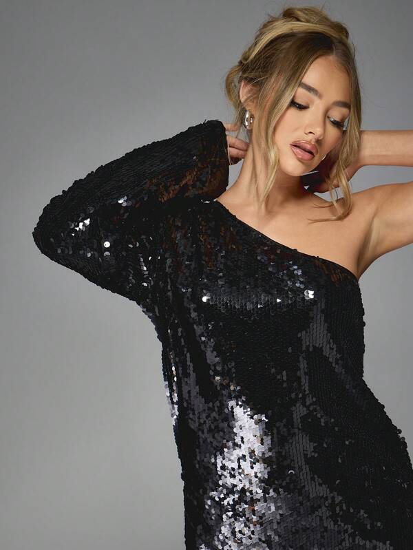 Missguided MISSGUIDED One Shoulder Sequin Mini Dress With Puff Sleeve