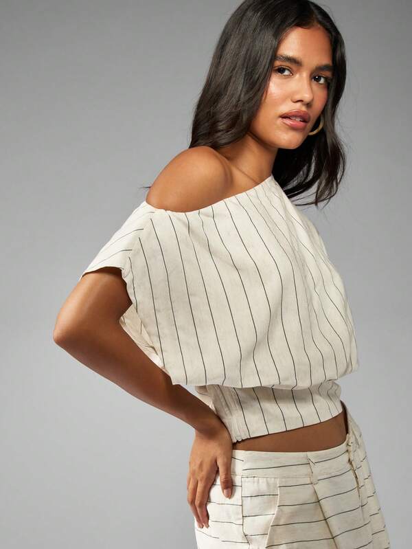 Missguided MISSGUIDED One Shoulder Striped Crop Top With Draped Design
