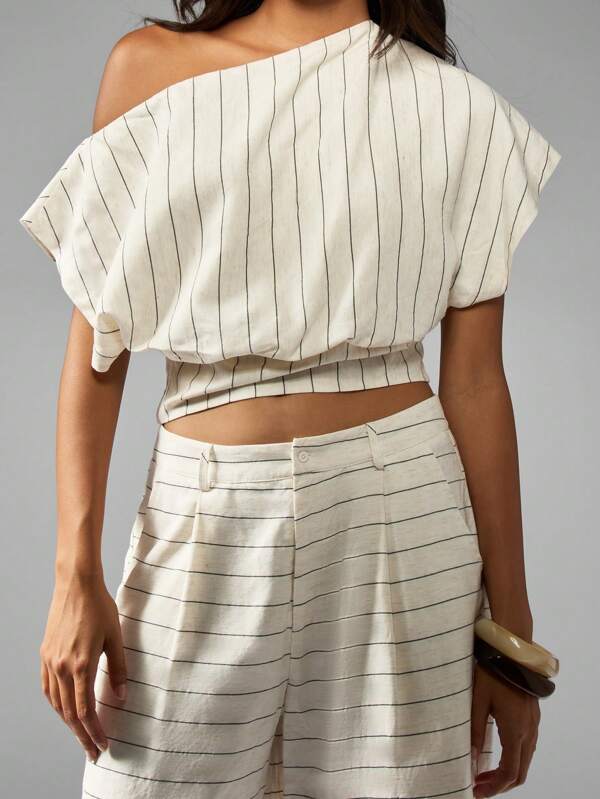 missguided MISSGUIDED One Shoulder Striped Crop Top With Draped Design