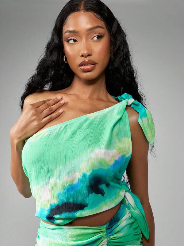 Missguided MISSGUIDED One Shoulder Tie Dye Ruched Side Crop Tank Top