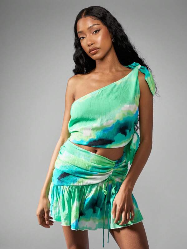 missguided MISSGUIDED One Shoulder Tie Dye Ruched Side Crop Tank Top