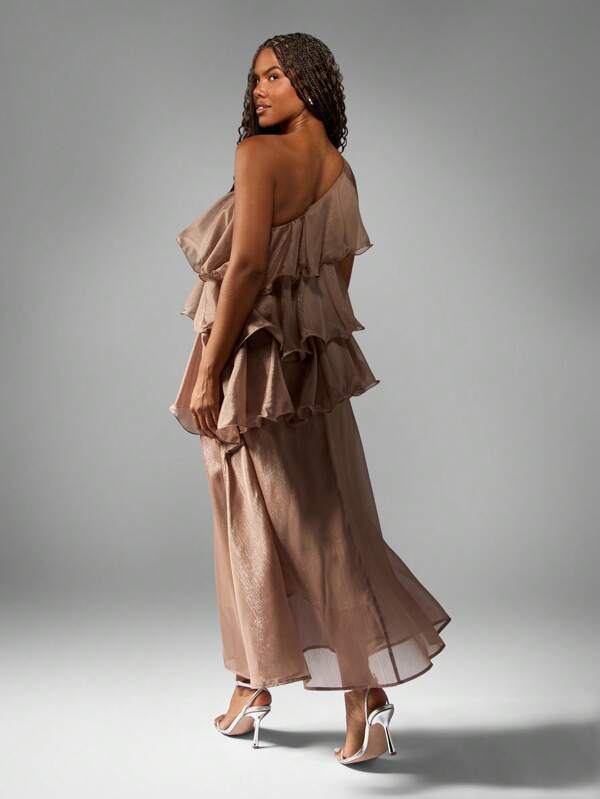 Missguided MISSGUIDED One Shoulder Tiered Ruffle Maxi Dress With Metallic Shimmer