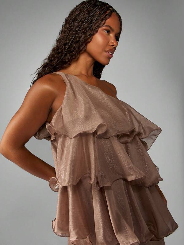 Missguided MISSGUIDED One Shoulder Tiered Ruffle Maxi Dress With Metallic Shimmer