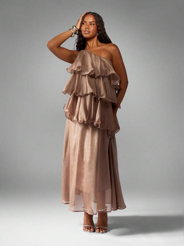 Missguided MISSGUIDED One Shoulder Tiered Ruffle Maxi Dress With Metallic Shimmer