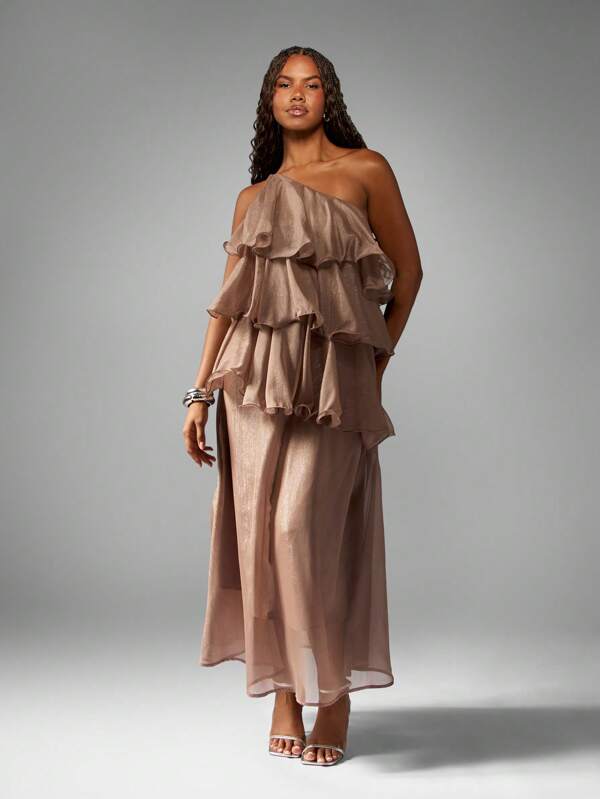 missguided MISSGUIDED One Shoulder Tiered Ruffle Maxi Dress With Metallic Shimmer