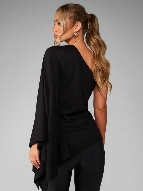 Missguided MISSGUIDED One Shoulder Top With Dramatic Bell Sleeve