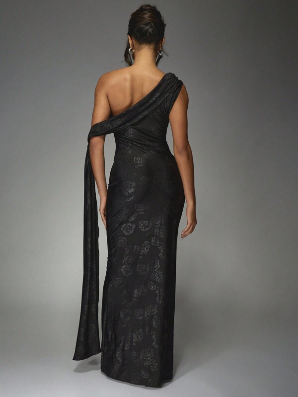 Missguided MISSGUIDED One Shoulder Velvet Maxi Dress With Floral Pattern