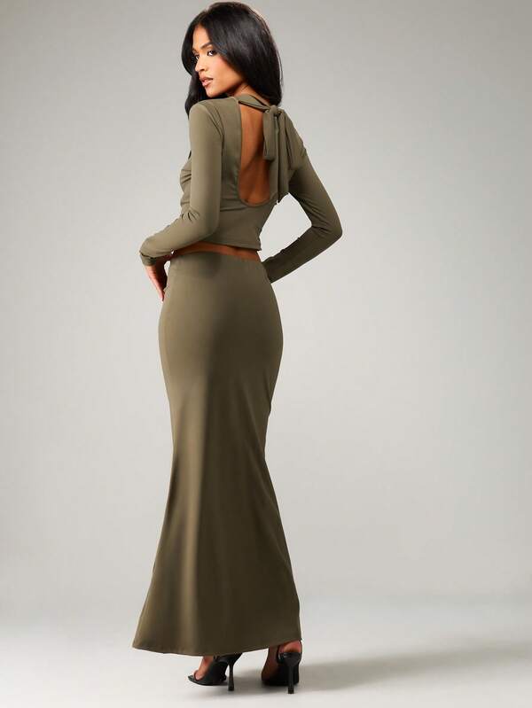missguided MISSGUIDED Open Back Bow Detail Crop Top With Fitted Maxi Skirt