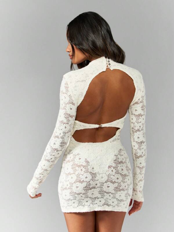 Missguided MISSGUIDED Open Back Sheer Lace High Neck Bodycon Mini Dress