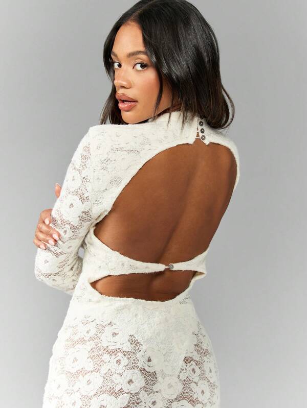 Missguided MISSGUIDED Open Back Sheer Lace High Neck Bodycon Mini Dress