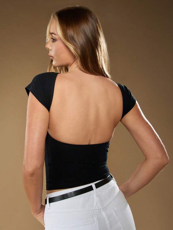 Missguided MISSGUIDED Open Back Short Sleeve Crop Top