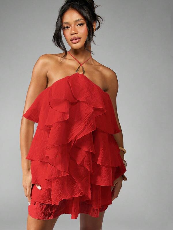 missguided MISSGUIDED Organza Ruffle Tiered Mini Dress With Halter Neck