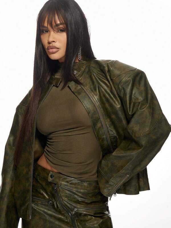 Missguided MISSGUIDED Oversized Acid Wash Biker PU Leather Jacket