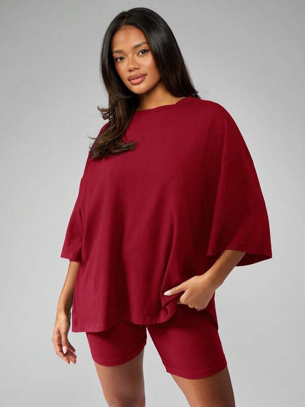 missguided MISSGUIDED Oversized Batwing T Shirt With Fitted Biker Shorts