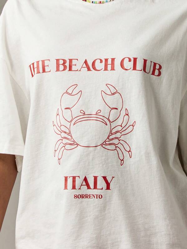 Missguided MISSGUIDED Oversized Beach Club T-Shirt With Crab Print