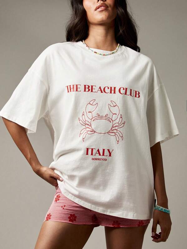 missguided MISSGUIDED Oversized Beach Club T-Shirt With Crab Print