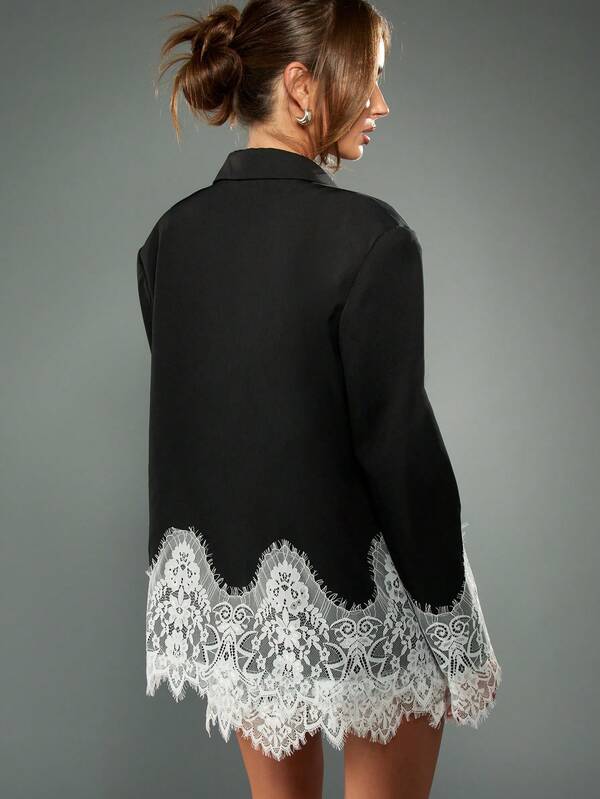 Missguided MISSGUIDED Oversized Black Blazer With White Lace Trim