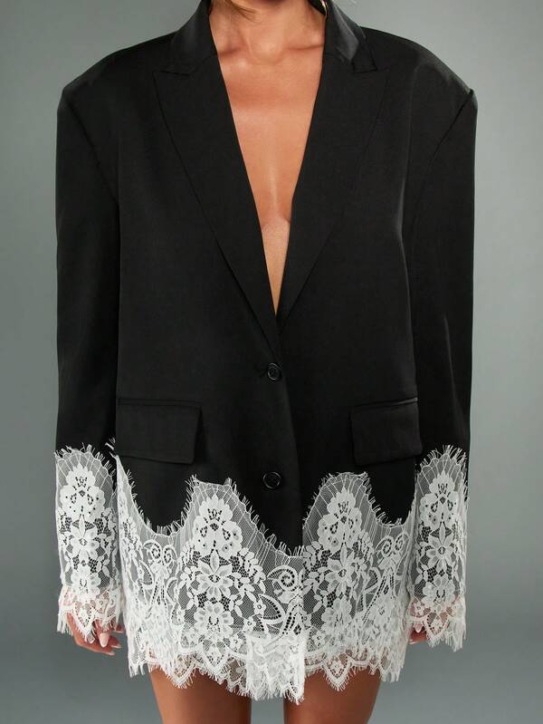 Missguided MISSGUIDED Oversized Black Blazer With White Lace Trim