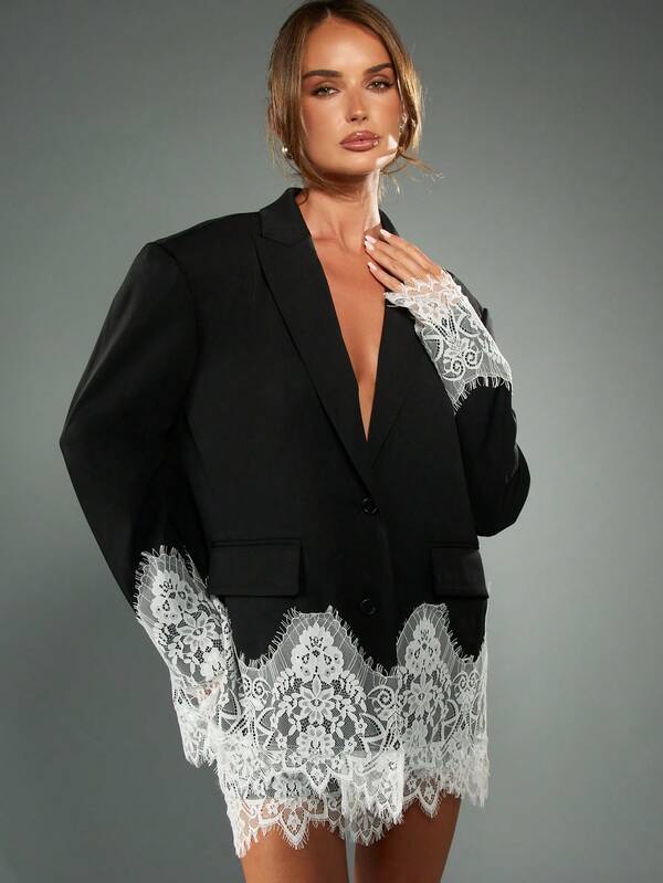 missguided MISSGUIDED Oversized Black Blazer With White Lace Trim