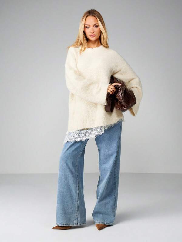 Missguided MISSGUIDED Oversized Boucle Jumper With Lace Trim