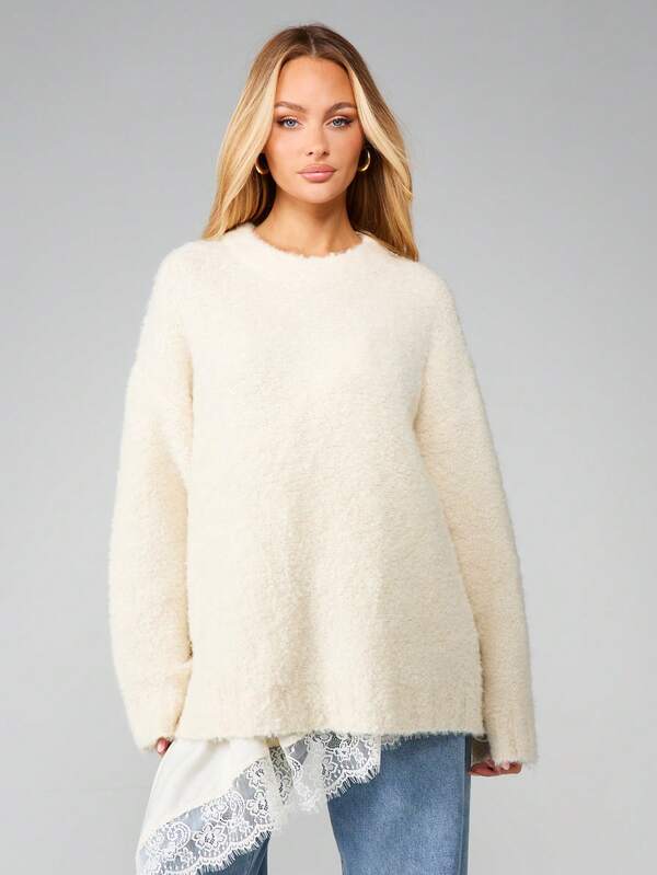 Missguided MISSGUIDED Oversized Boucle Jumper With Lace Trim
