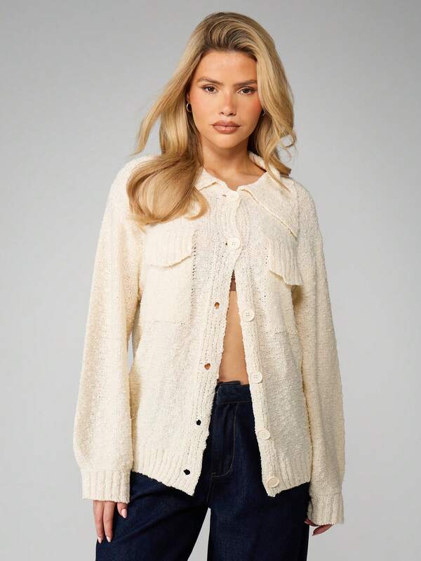 missguided MISSGUIDED Oversized Boucle Knit Cardigan With Buttons