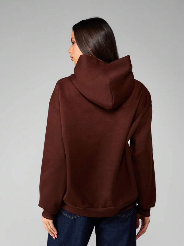 Missguided MISSGUIDED Oversized Brown Hoodie With Gold Logo Embroidery