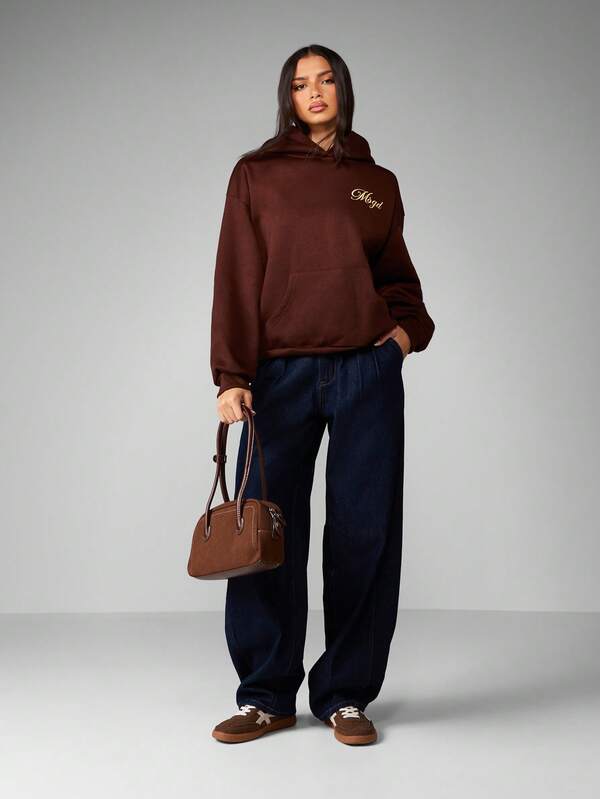 Missguided MISSGUIDED Oversized Brown Hoodie With Gold Logo Embroidery