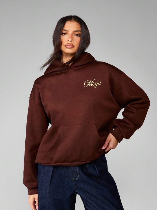 Missguided MISSGUIDED Oversized Brown Hoodie With Gold Logo Embroidery