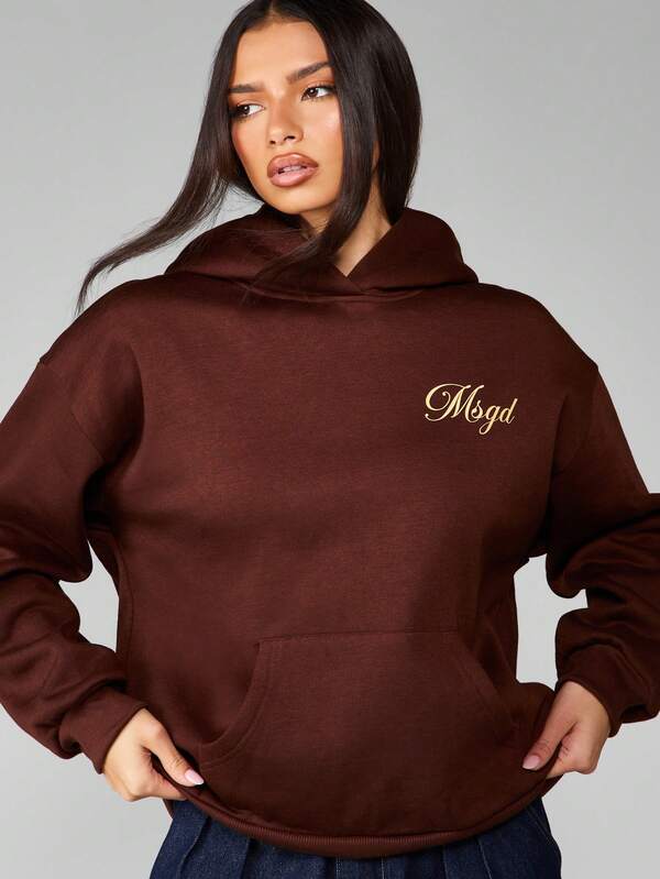 missguided MISSGUIDED Oversized Brown Hoodie With Gold Logo Embroidery