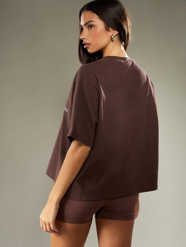 Missguided MISSGUIDED Oversized Brown T Shirt With Brand Logo Print