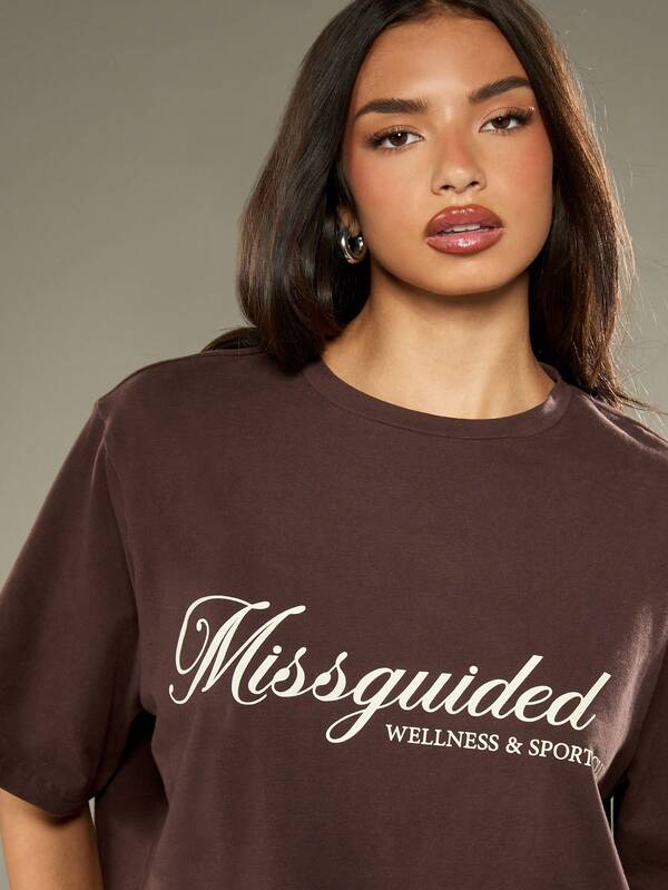 Missguided MISSGUIDED Oversized Brown T Shirt With Brand Logo Print