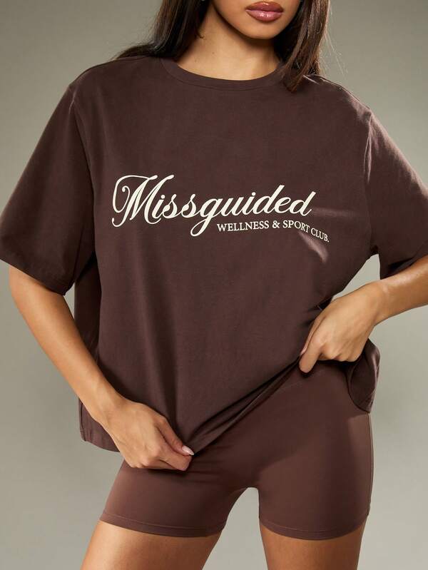 missguided MISSGUIDED Oversized Brown T Shirt With Brand Logo Print