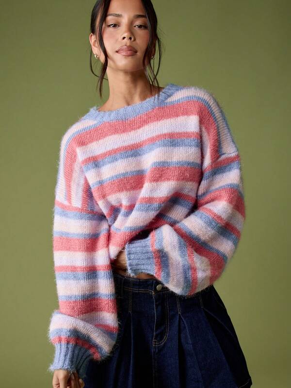 missguided MISSGUIDED Oversized Brushed Striped Knit Jumper